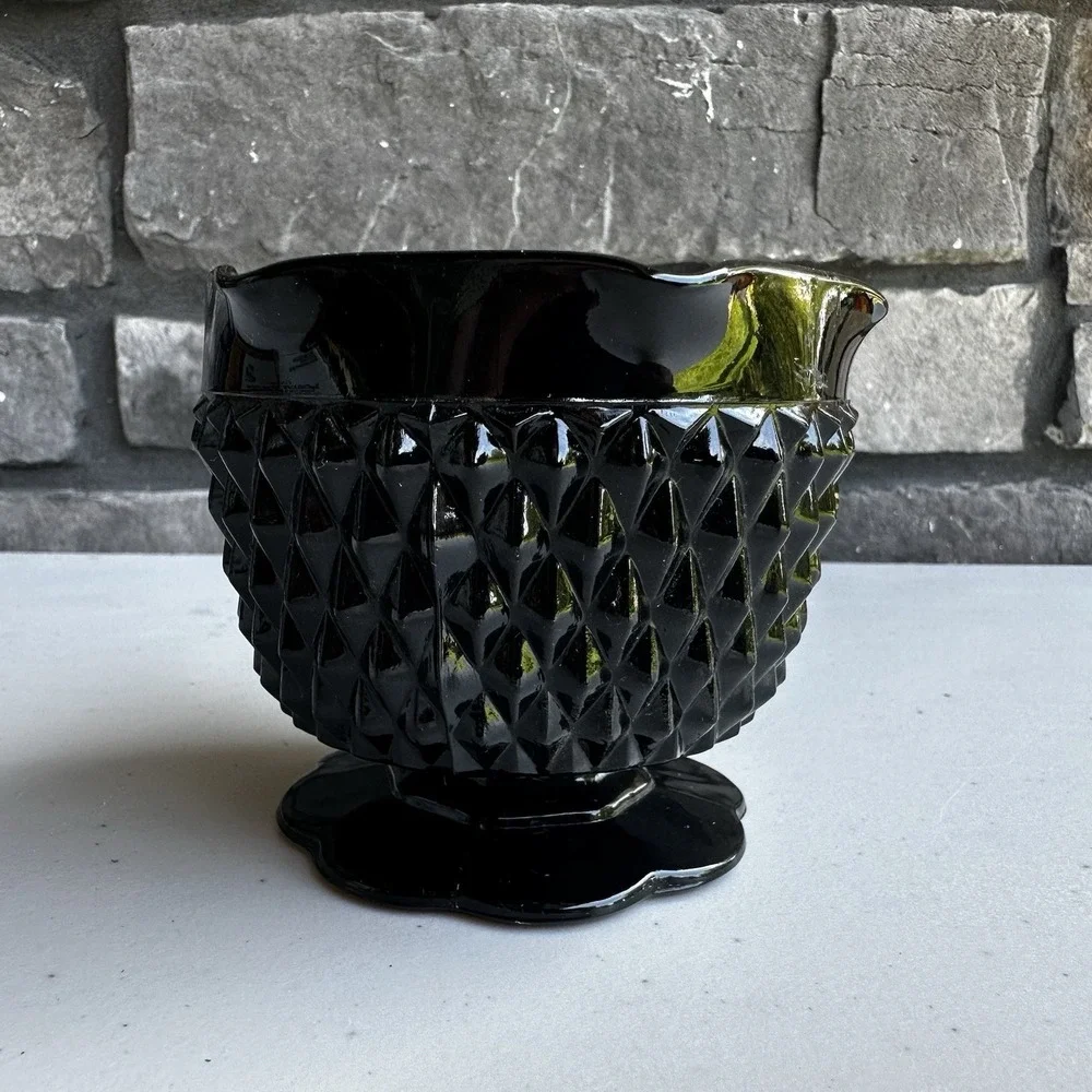 Vintage 1980s Tiara Indiana Glass Candle Holder Vase Black Cameo Diamond Point